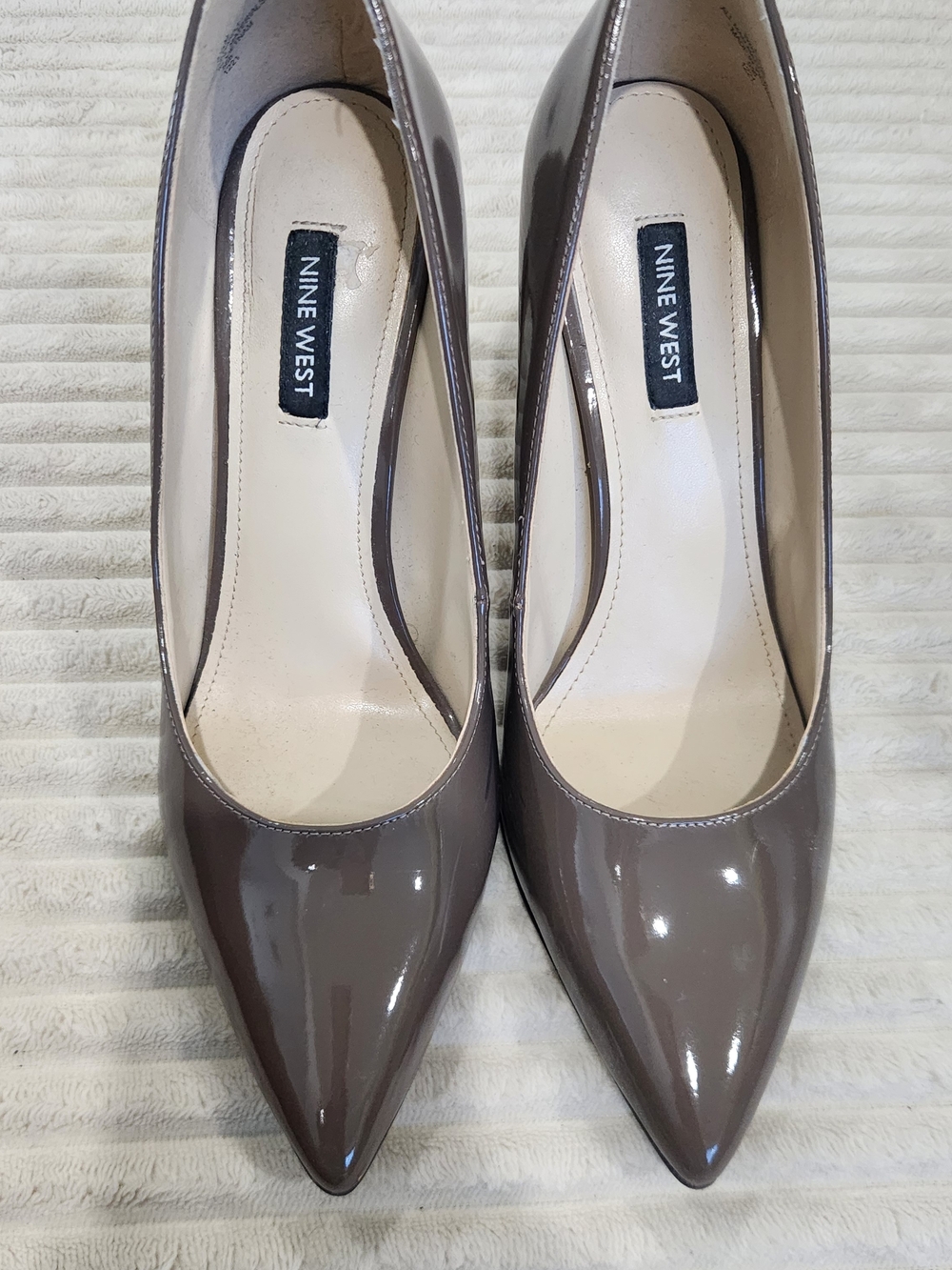 Nine West Glossy Taupe Pointed Patent Heels